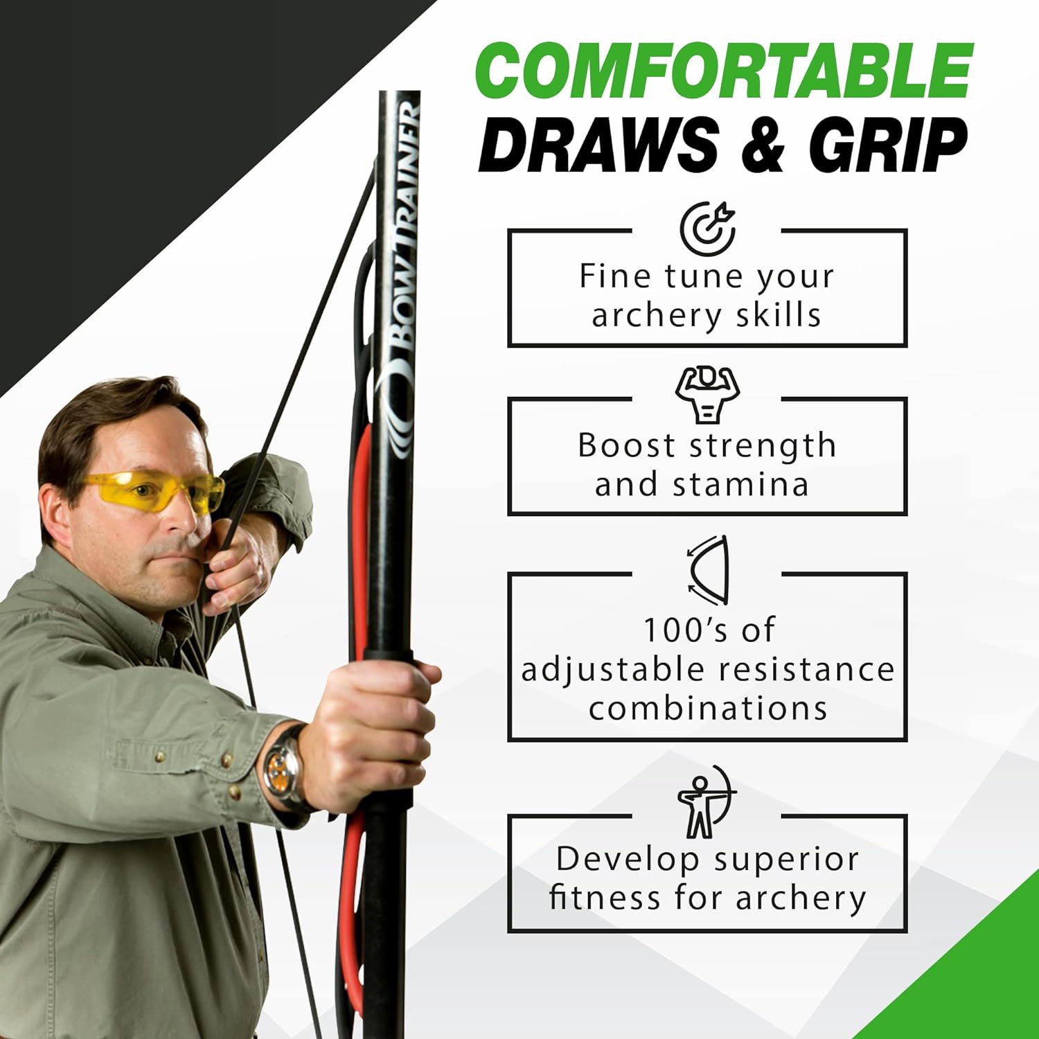 Elusive Wildlife - BOW TRAINER Resistance Trainer - Adjustable Archery Training Tool with 10" to 32" Draw Length and 1-100 lb Draw Weight - Enhance Strength, Stamina and Technique for Bow Enthusiasts