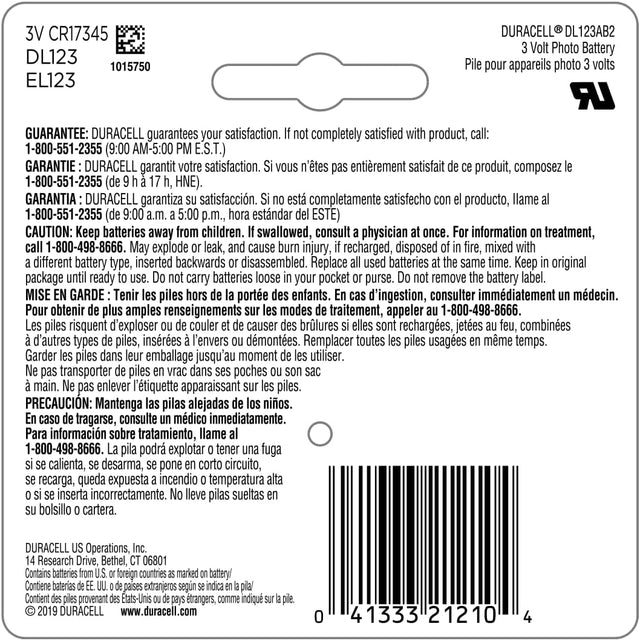 DURACELL Coppertop Lithium Battery CR123 Coppertop 2 Pack