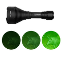 Black flashlight with XLR branding on a white background, showing deer images in green filter.