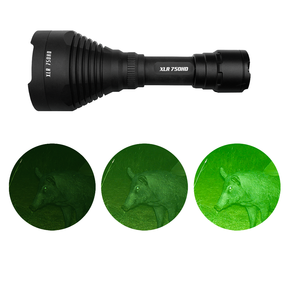 Black flashlight with XLR branding on a white background, showing deer images in green filter.