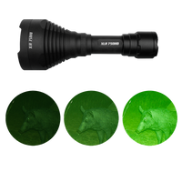 Black flashlight with XLR branding on a white background, showing deer images in green filter.