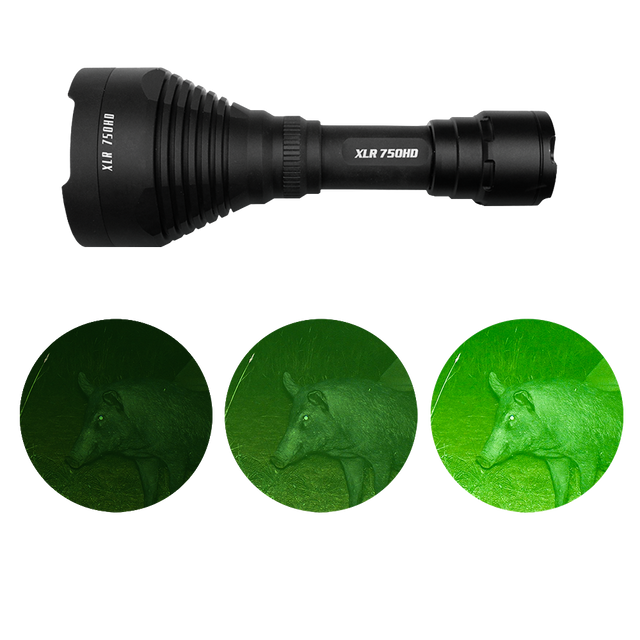 Black flashlight with XLR branding on a white background, showing deer images in green filter.