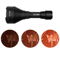 Black flashlight with XLR 750HD branding, showing red-filtered images of a coyote.