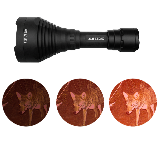 Black flashlight with XLR 750HD branding, showing red-filtered images of a coyote.