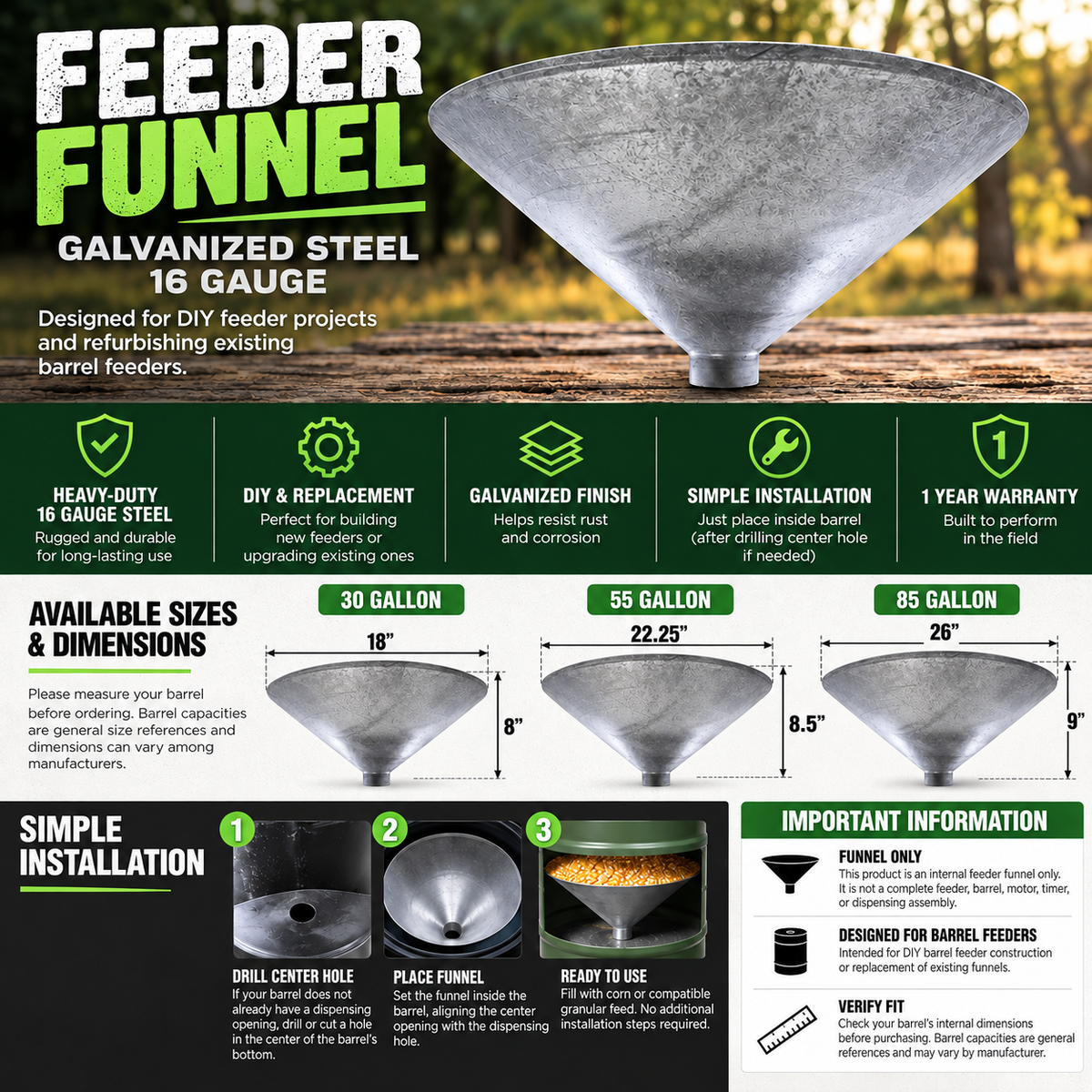 Heavy-Duty Galvanized Steel Feeder Funnels Fits 30, 55 & 85 Gallon Barrels